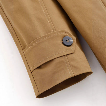 Stand up collar mid length solid color trench coat for women