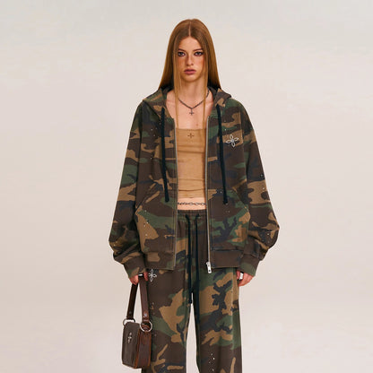 SMFK Cross Statue Oversized Zip-Up Hoodie CH005S1/DK/CF Embroidered Cotton Casual Open Front Hoodie