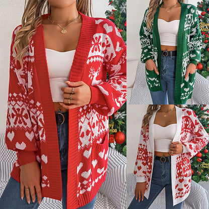 Christmas deer pocket long sleeved cardigan sweater jacket